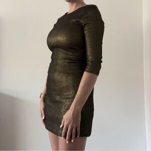 Zara Gold Bodycon Mini Dress Crew Neck 3/4 Sleeves